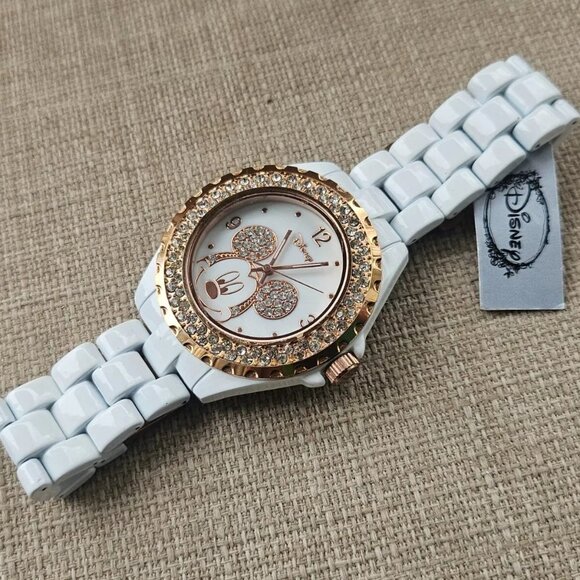 Minnie Mouse Wristwatch Crystals Accent Gold Tone Bezel Analog Watch Accutime - Picture 9 of 11